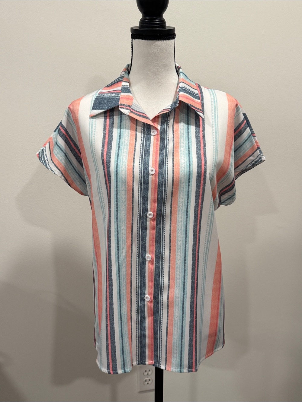 Shein Striped Short-Sleeve Button Front Top - Coral & Teal Size Medium